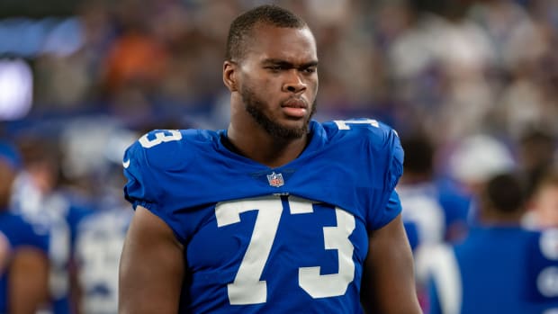 Giants offensive lineman Evan Neal (73) during the second half of a preseason game against the Bengals.